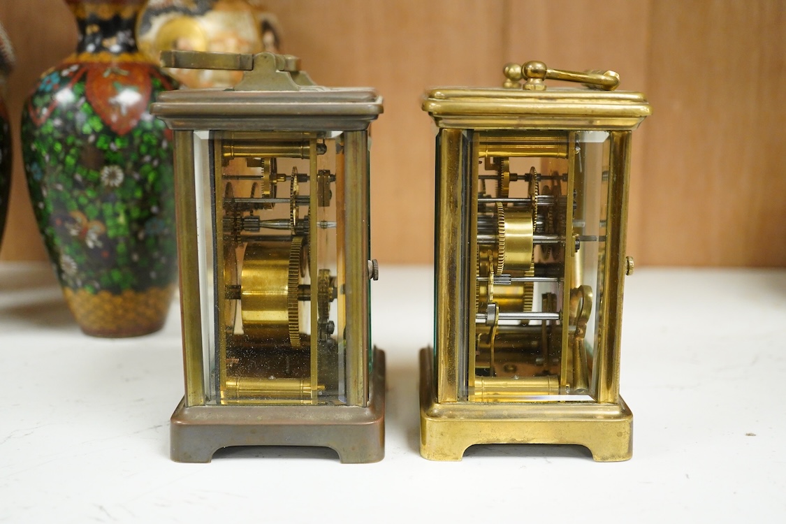 A brass carriage timepiece with alarm and one other, one with key, largest 15cm high